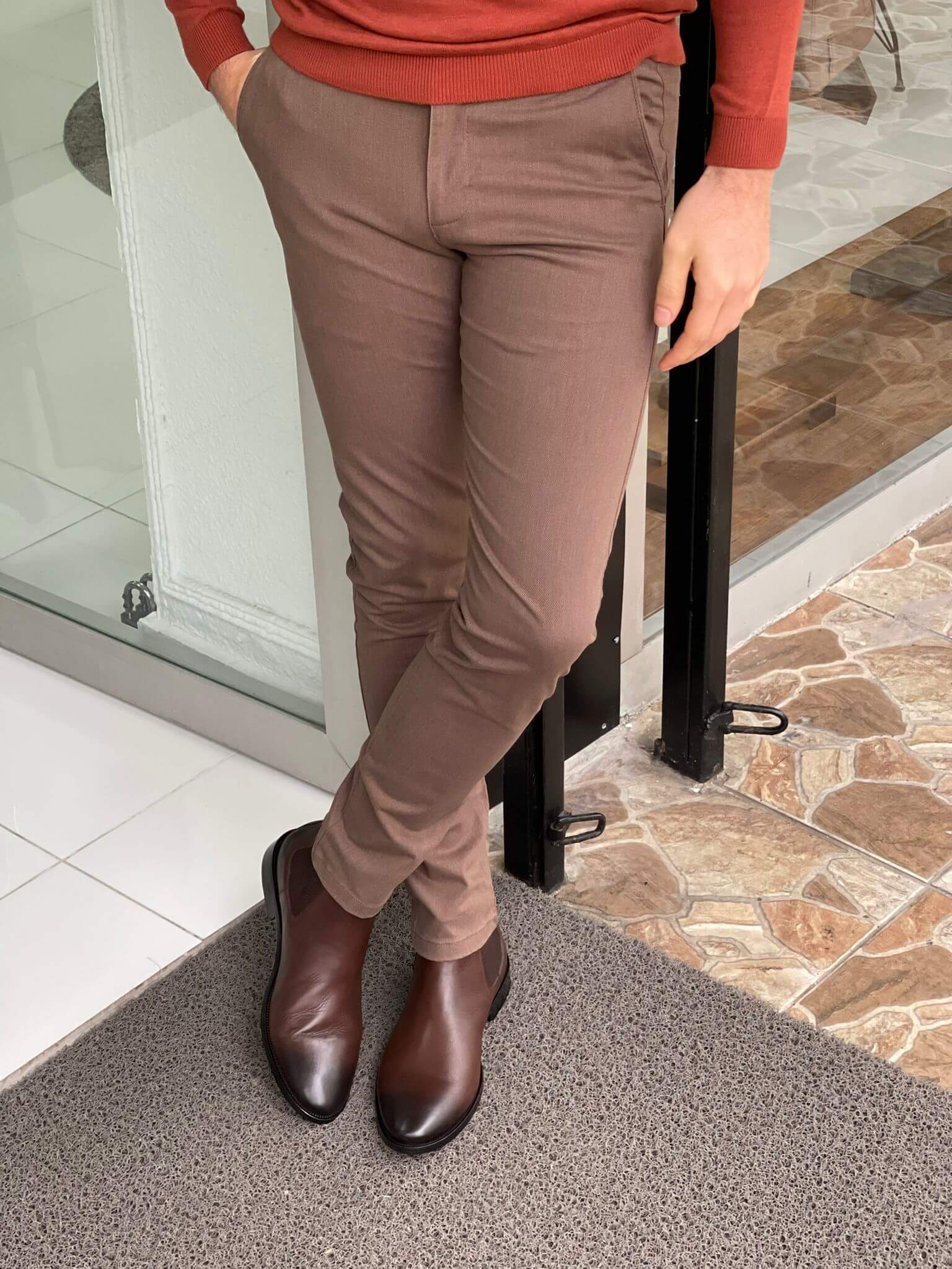 Men’s Slim Fit Light Brown Wool Trousers - Image 5