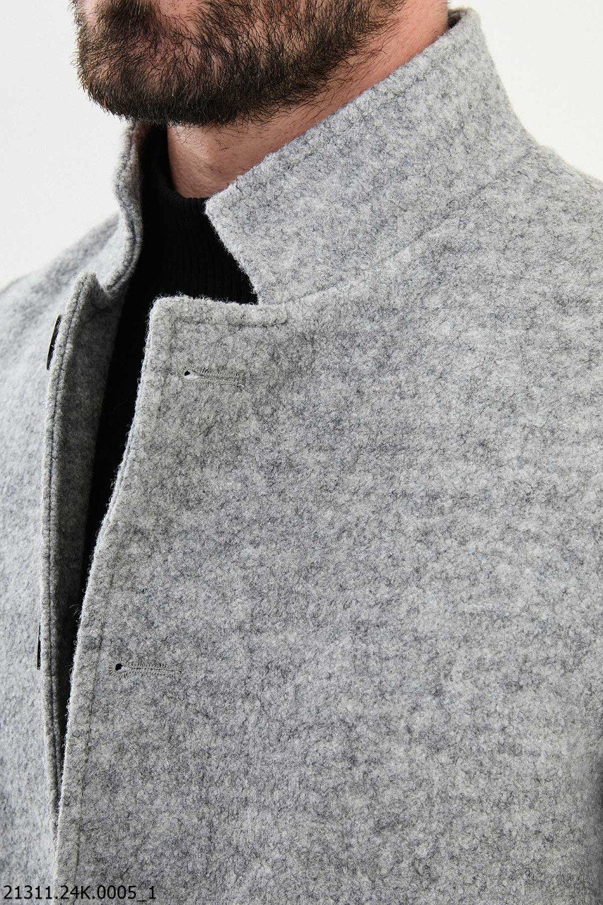 Light Gray Stand Collar Fall-Winter Cotton Blend Coat - Image 3