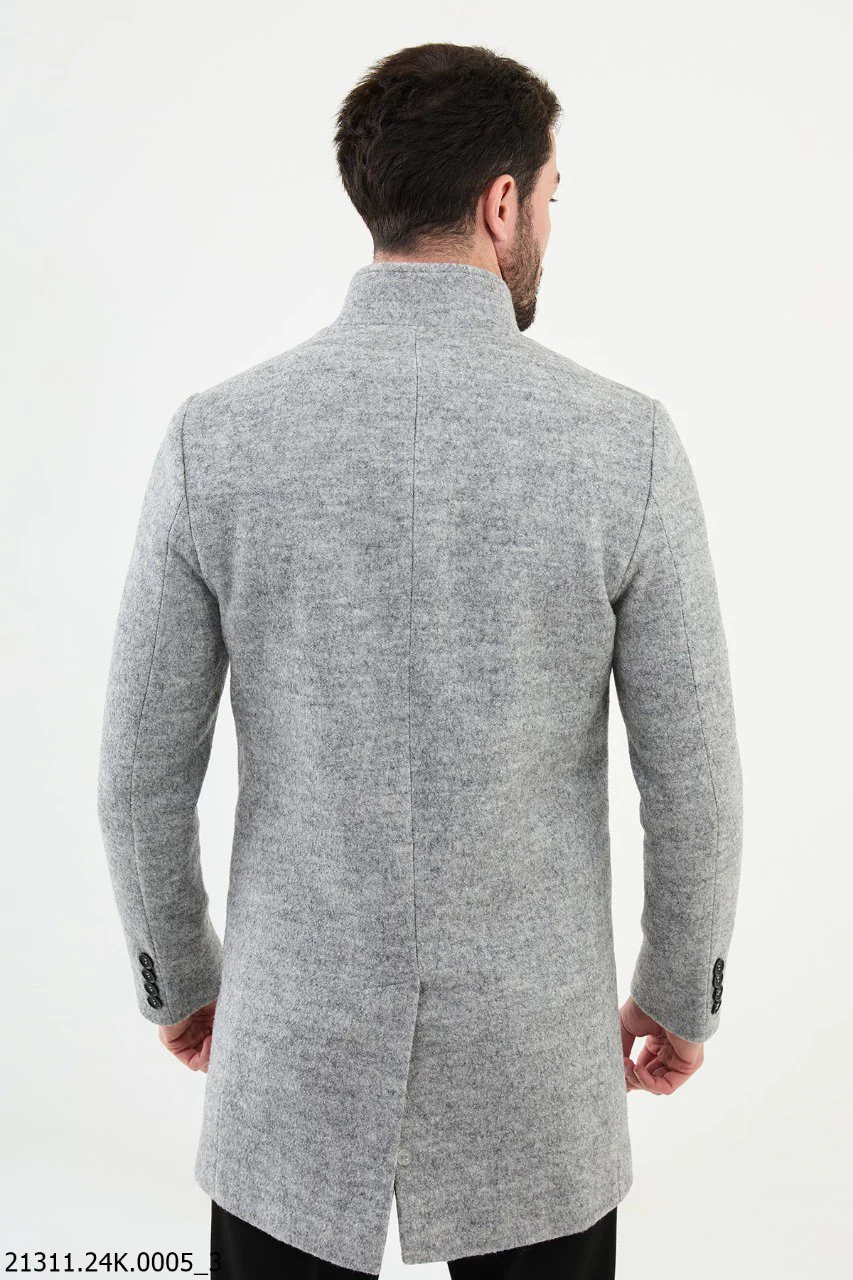 Light Gray Stand Collar Fall-Winter Cotton Blend Coat - Image 4