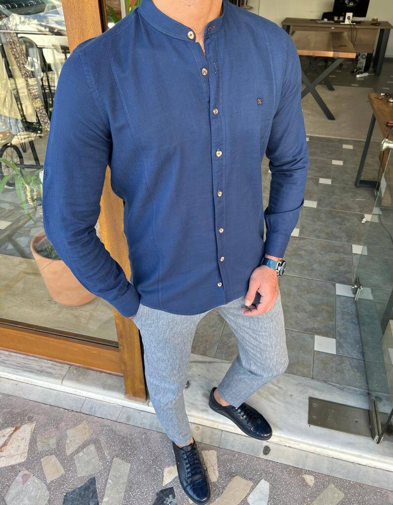 Long Sleeve Collared Blue  Cotton Shirt - Image 2