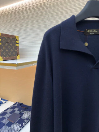 Loro Piana Seagull Collar Polo Long-Sleeve Shirt- Navy Blue - Image 3