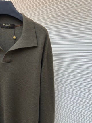 Loro Piana Seagull Collar Polo Long-Sleeve Shirt- Reed Green - Image 4