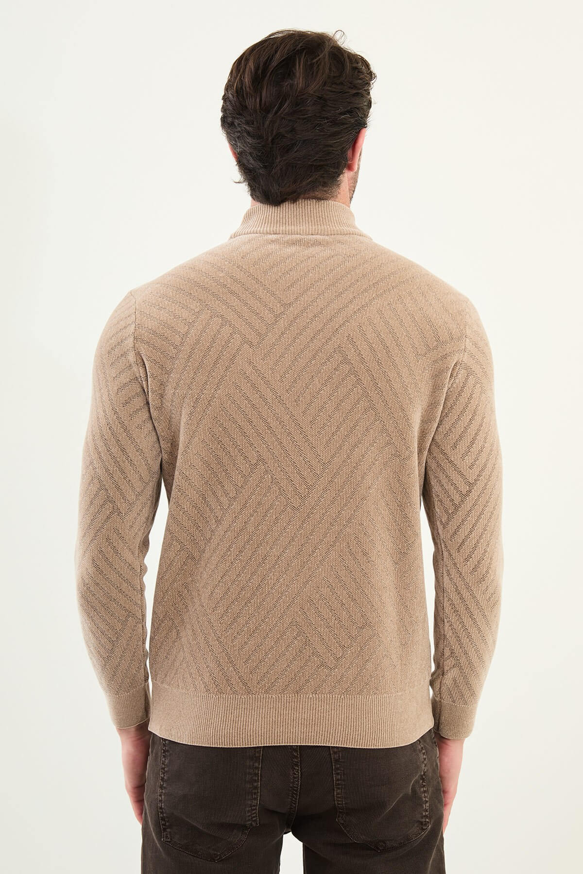 Men's Patterned Beige Slim Fit Turtleneck Knitwear Sweater - Image 3