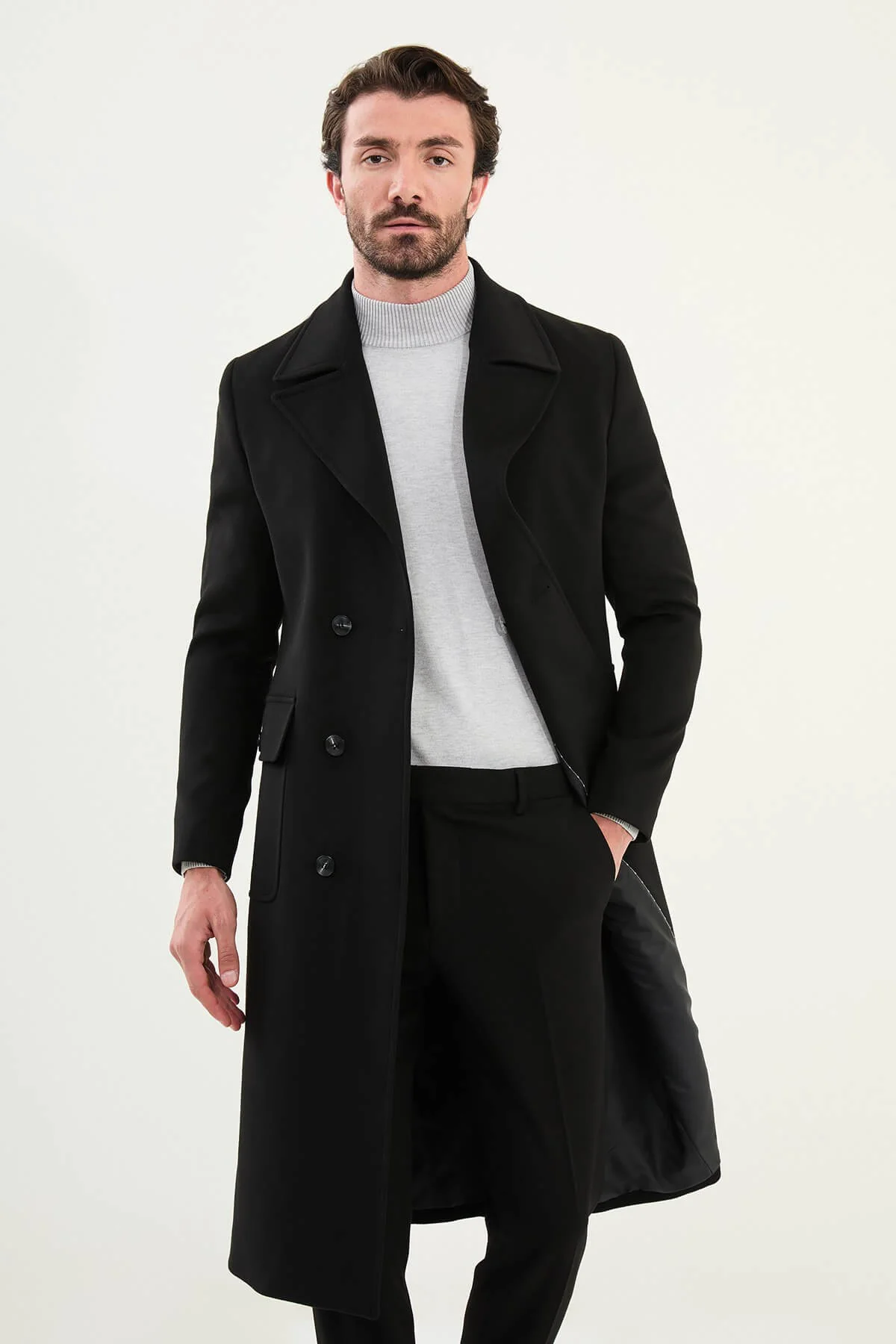 Men's Black Double-Breasted Long Coat. - Image 2
