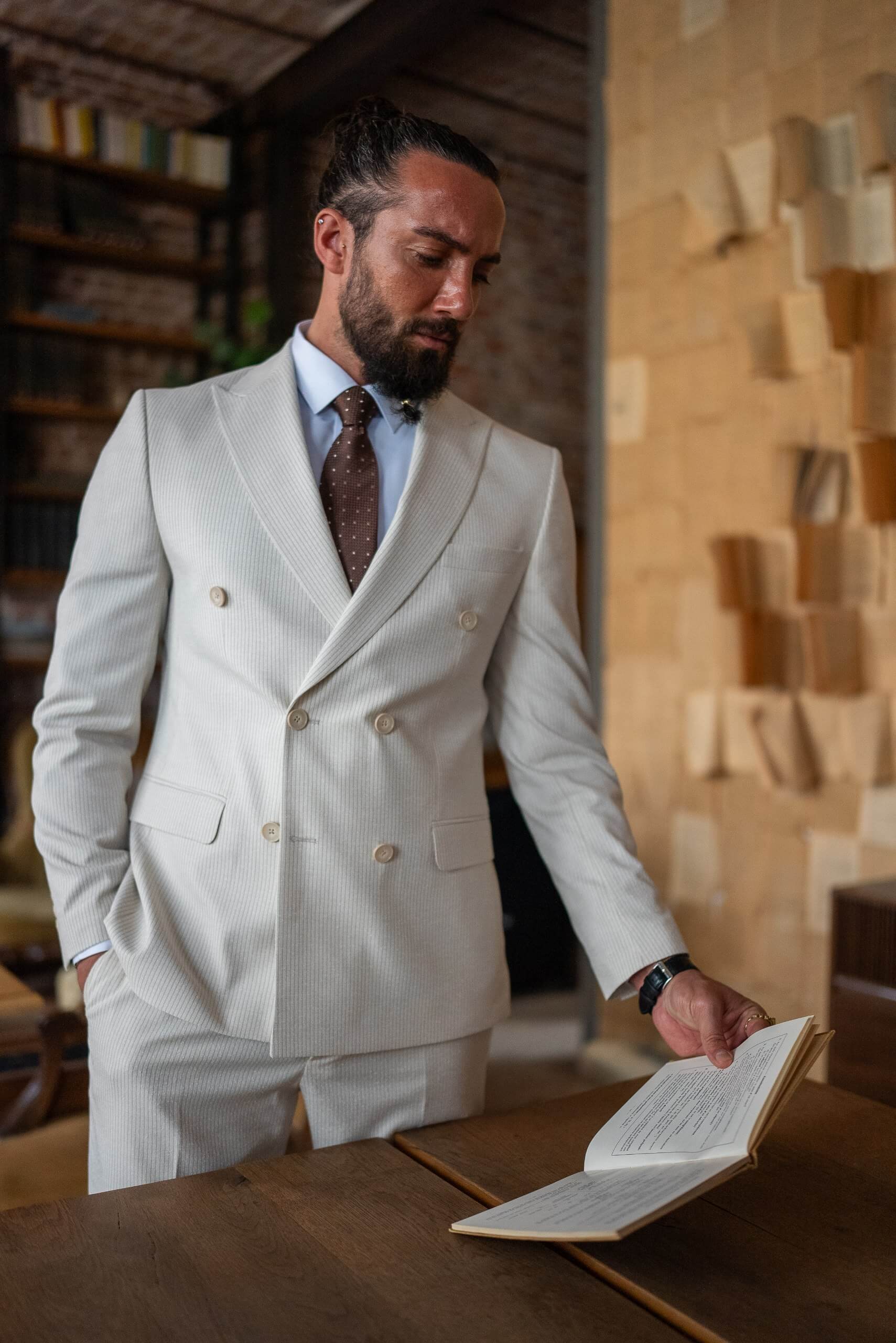 Positano Beige Pinstripe Double-Breasted Summer Wedding Suit. - Image 3