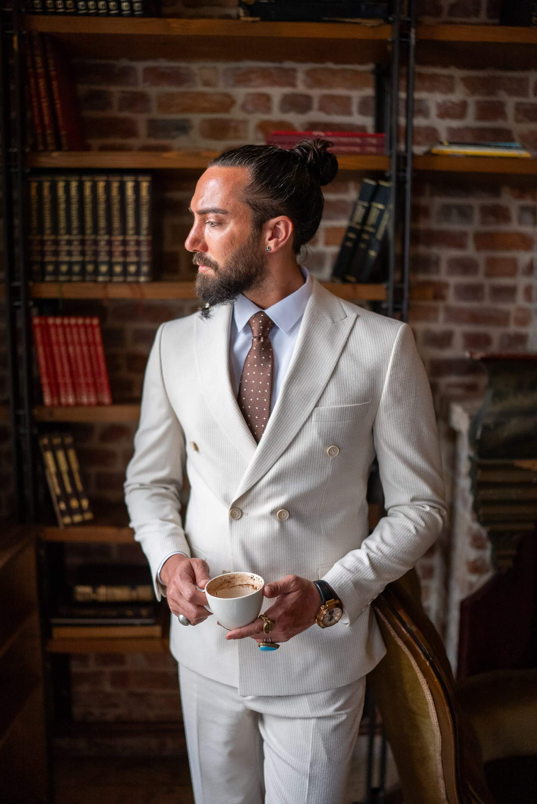 Positano Beige Pinstripe Double-Breasted Summer Wedding Suit. - Image 4