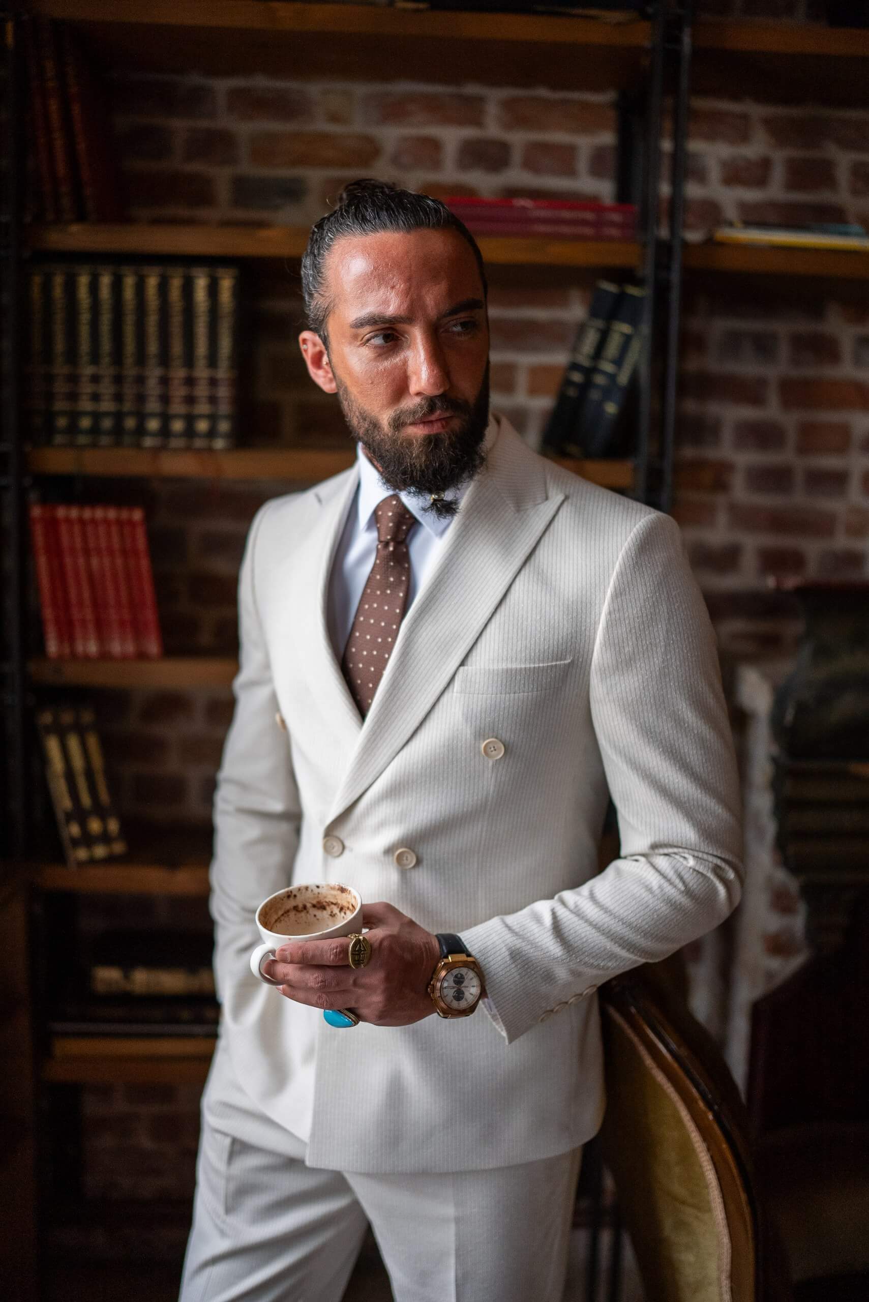 Positano Beige Pinstripe Double-Breasted Summer Wedding Suit. - Image 5