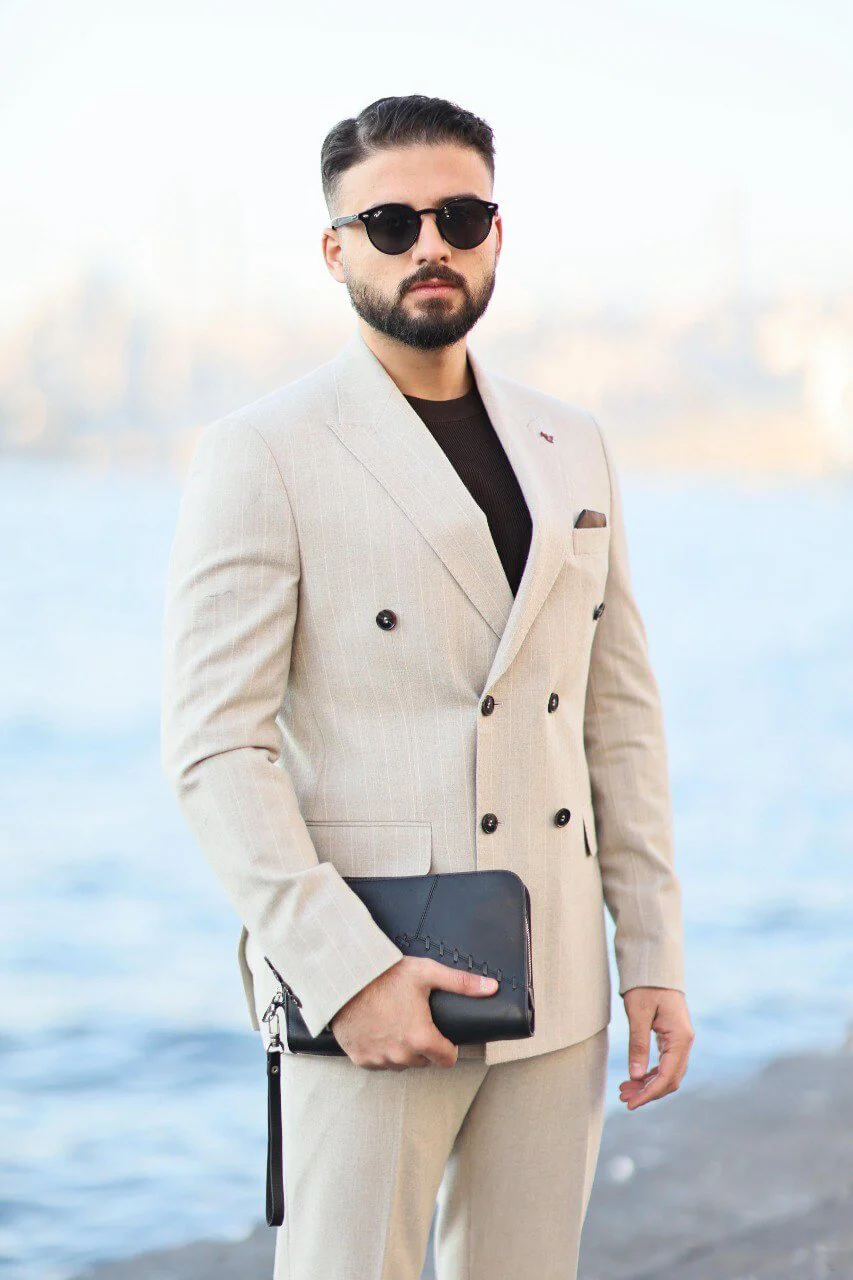 Men’s Beige Mono-Collar Double-Breasted Pinstripe Suit. - Image 3