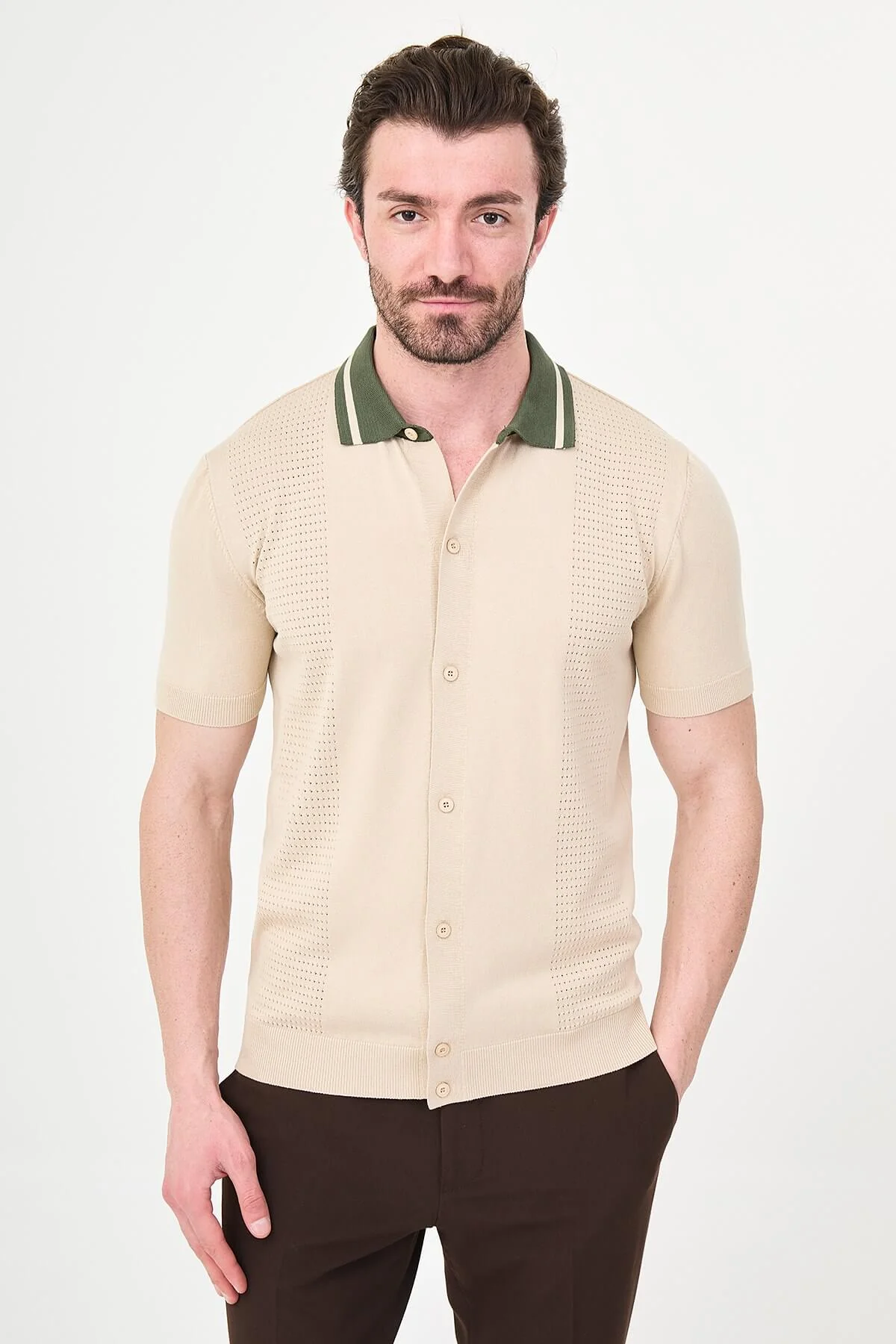 Men’s Beige Short Sleeve Knit Polo Shirt