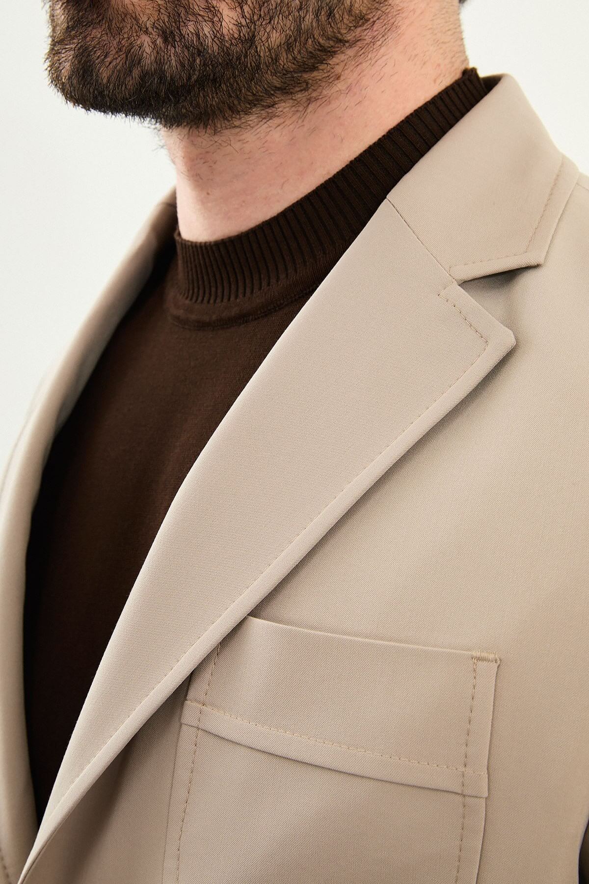 Men’s Beige Slim Fit Patch Pocket Blazer - Image 5