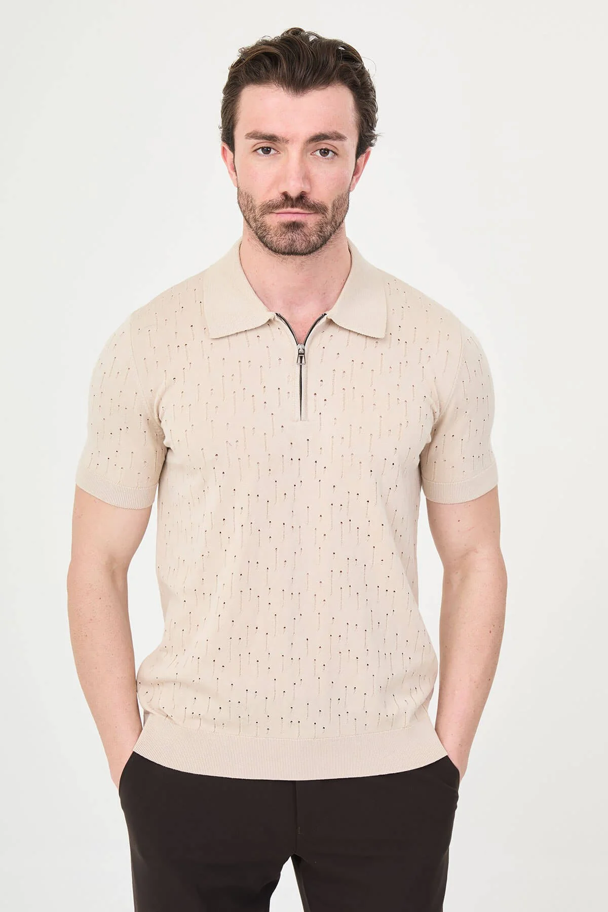 Men’s Beige Slim Fit Polo Collar Zippered Knit T-Shirt.