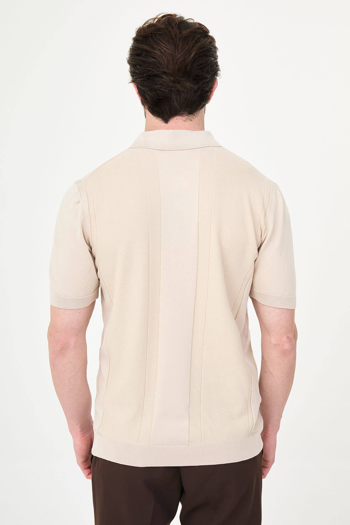 Men’s Beige Slim Fit Textured Knit Polo T-Shirt - Image 4