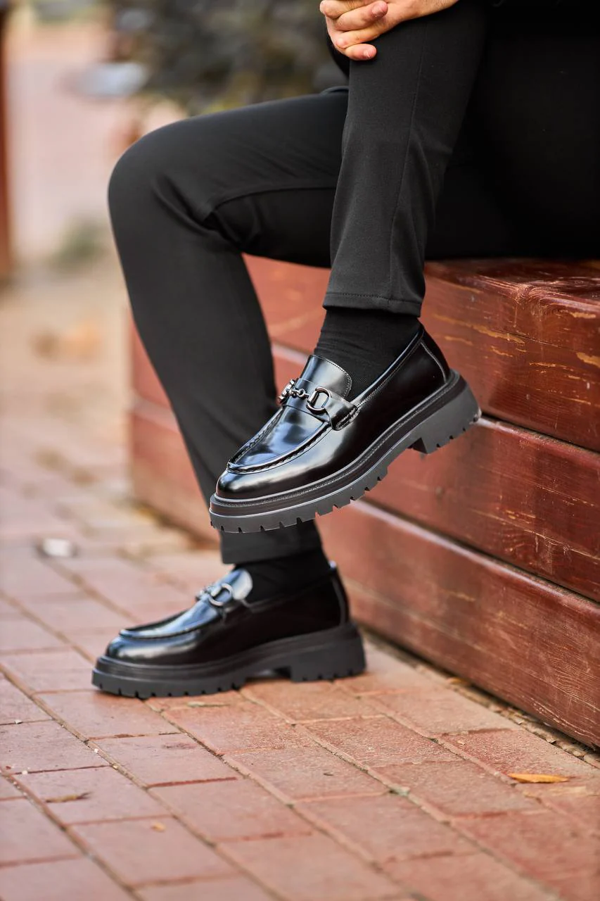 Men’s Black Leather Chunky Loafers.
