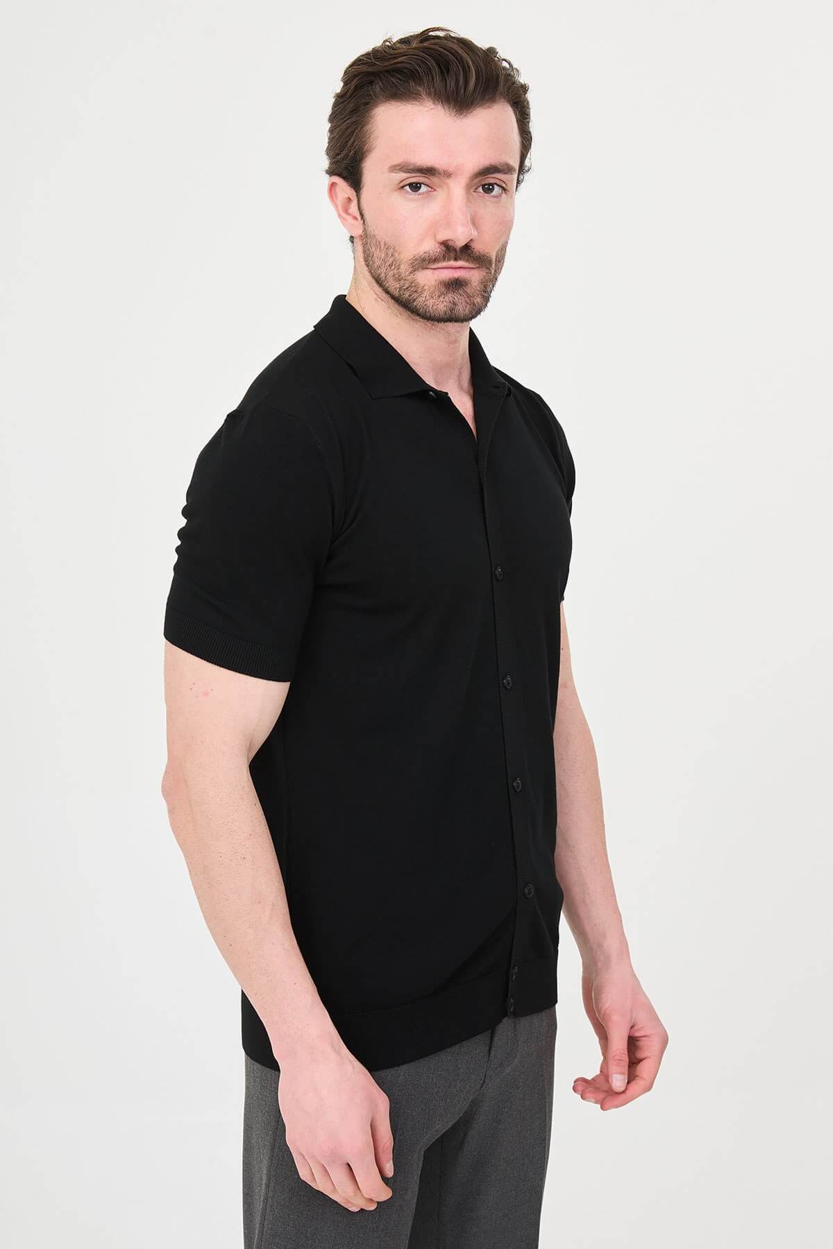 Men’s Black Slim Fit Short Sleeve Knitwear Shirt. - Image 2