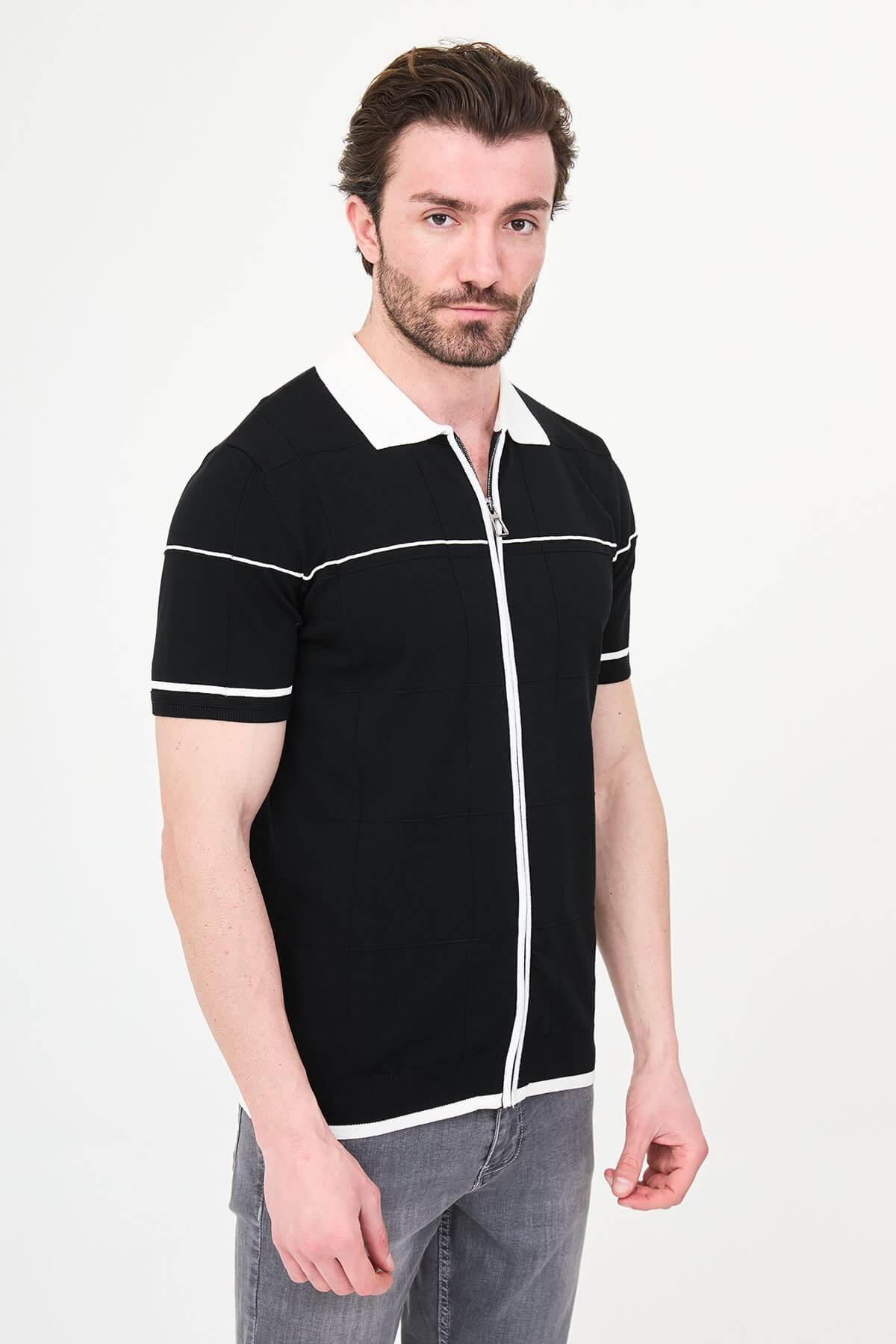 Men’s Black Slim Fit Zip-Up Knit Polo T-Shirt - Image 2