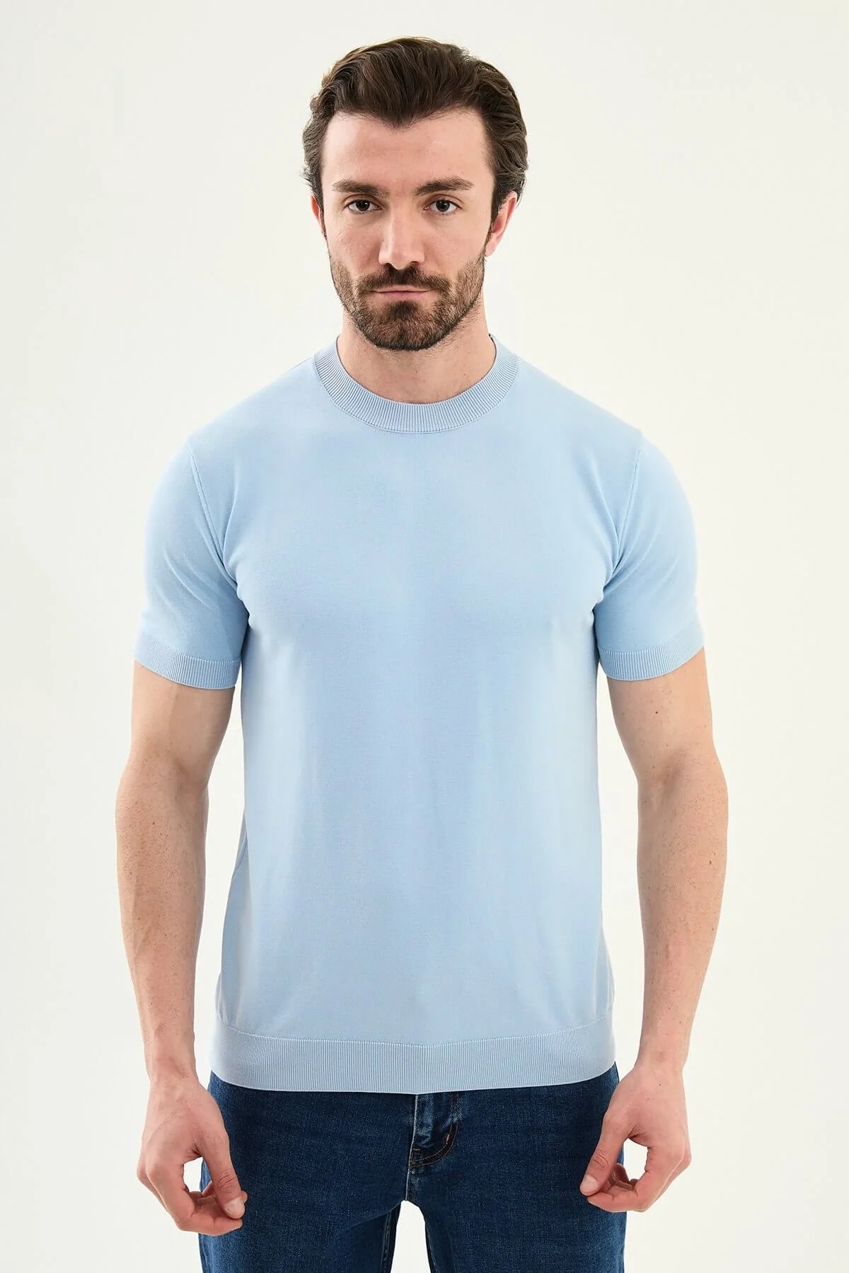 Men’s Blue Slim Fit Crew Neck Knit T-Shirt.