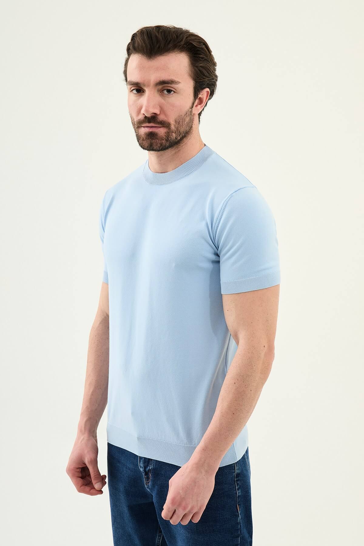 Men’s Blue Slim Fit Crew Neck Knit T-Shirt. - Image 2