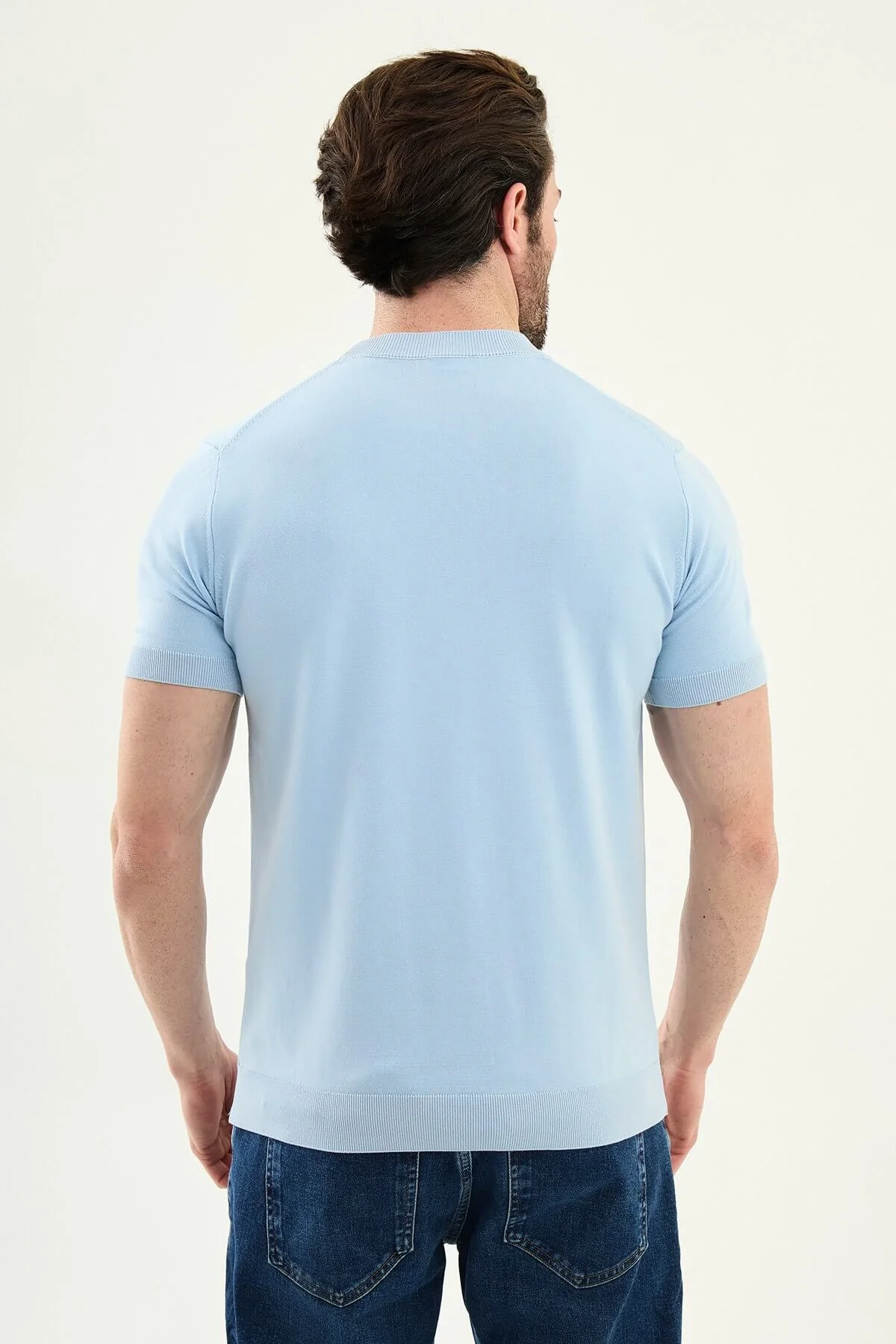 Men’s Blue Slim Fit Crew Neck Knit T-Shirt. - Image 4