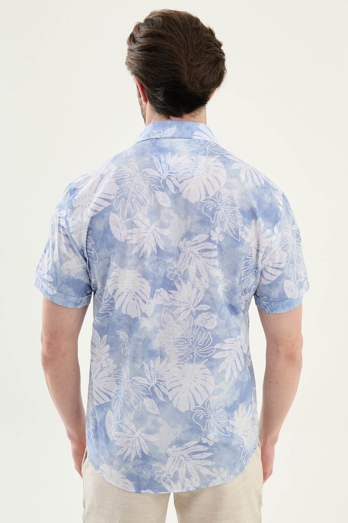 Men’s Blue Tropical Print Short Sleeve Shirt - Image 3