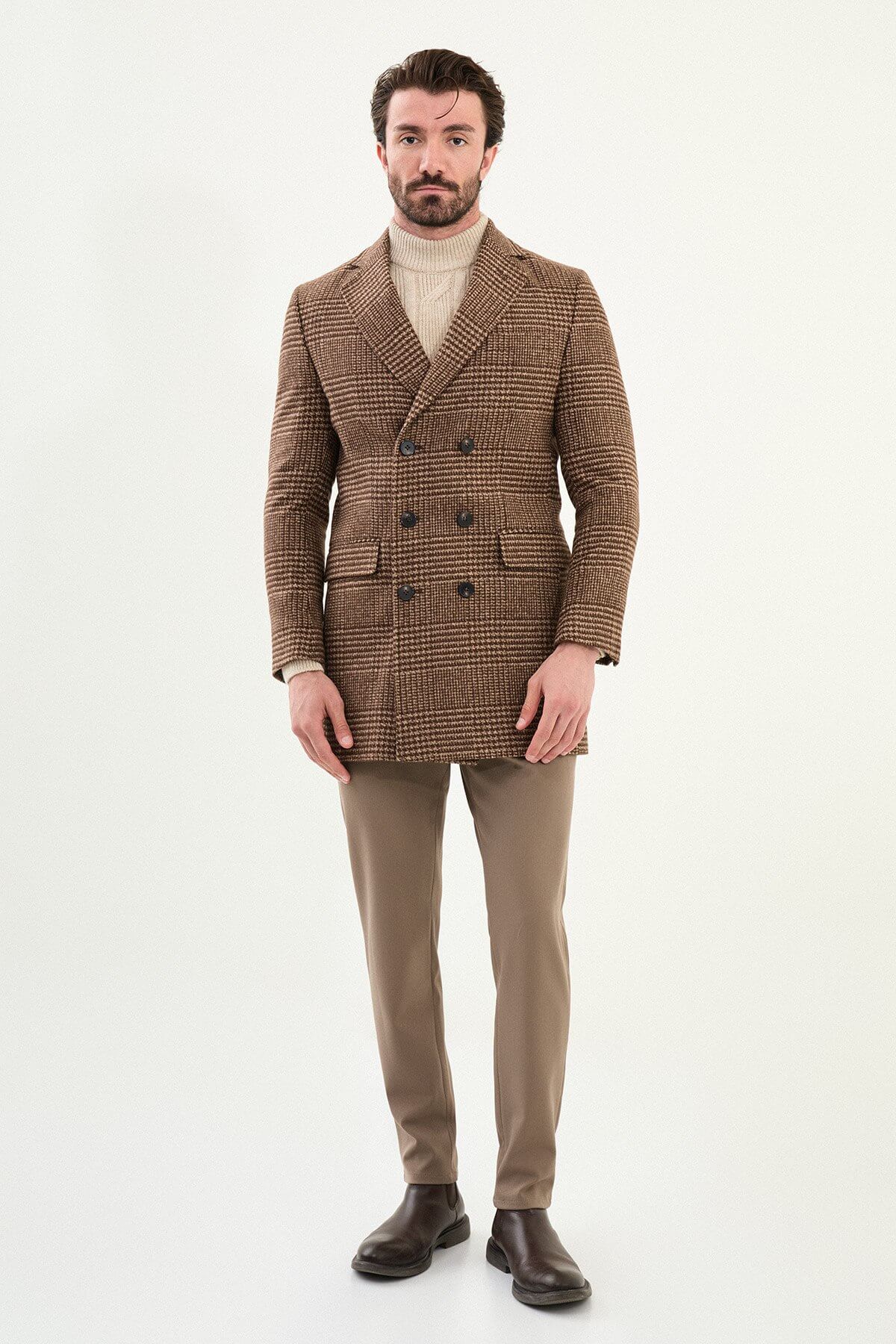 Men’s Brown Double-Breasted Herringbone Wool-Blend Overcoat