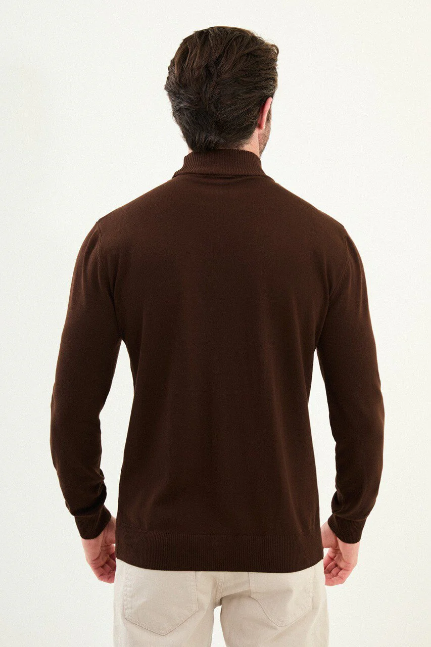 Men’s Brown Ribbed Mock-Neck Cotton-Blend Sweater. - Image 3
