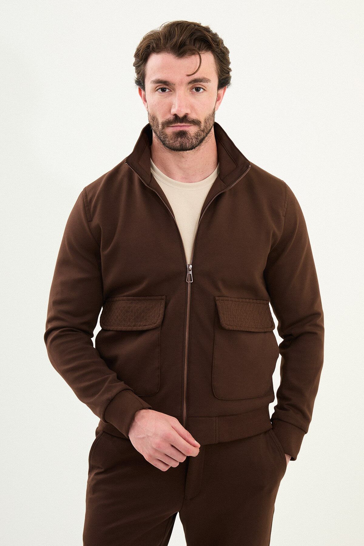 Men’s Brown Slim Fit Knitwear Jacket. - Image 2