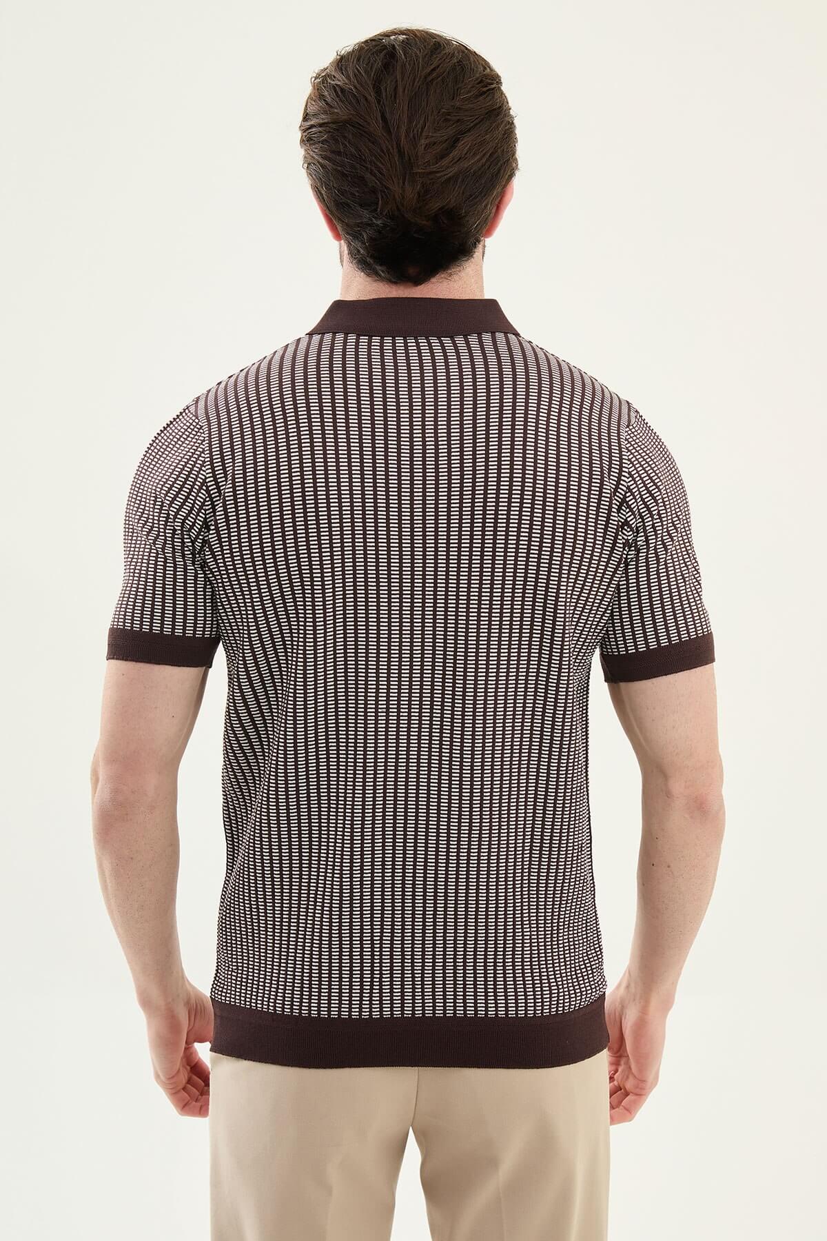 Men’s Brown Slim Fit Patterned Knit Polo Shirt - Image 4