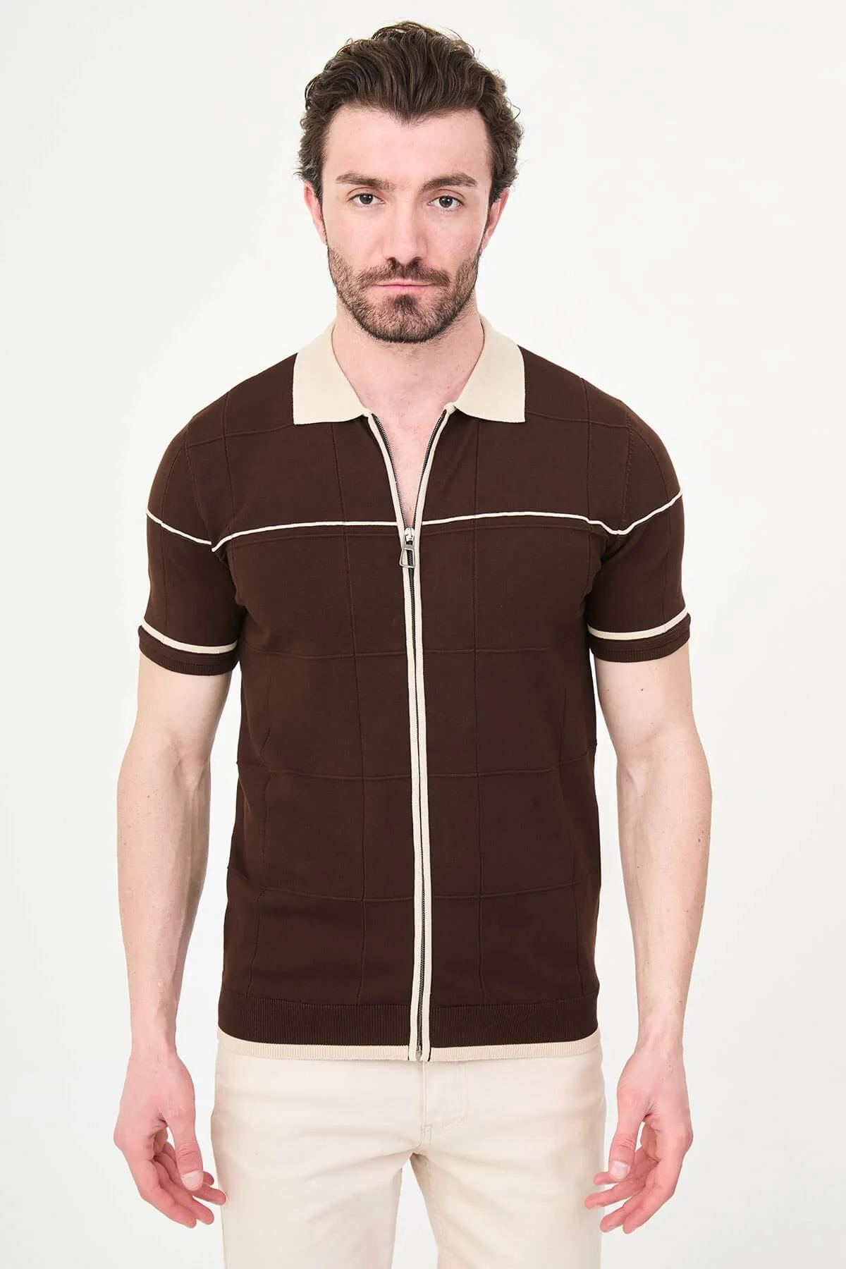Men’s Brown Slim Fit Zip-Up Knit Polo T-Shirt