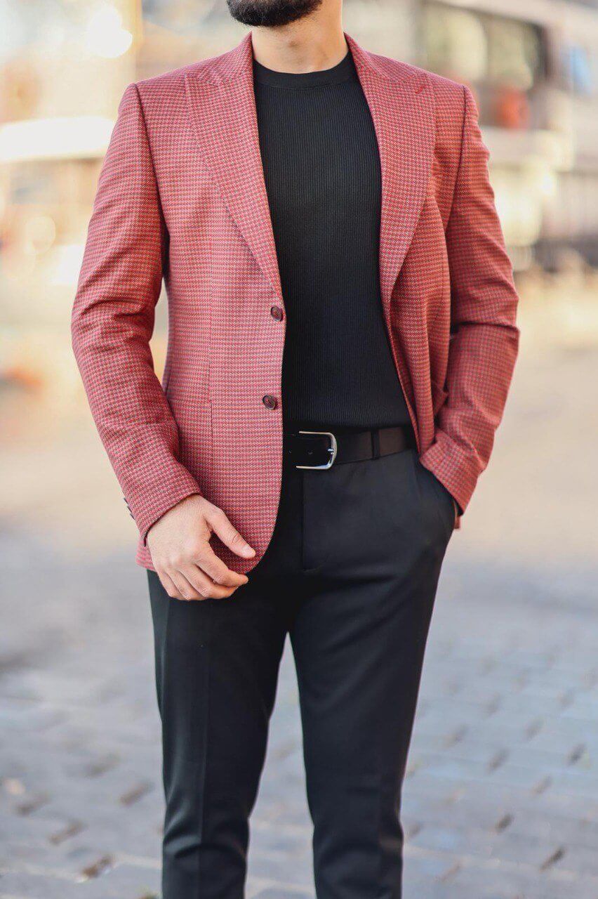 Men’s Burgundy Mono-Collar Patterned Slim-Fit Jacket. - Image 2