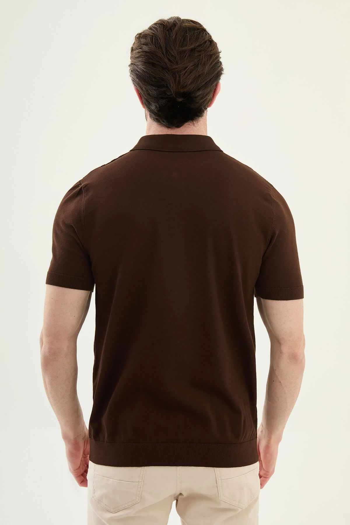 Men’s Dark Brown Textured Zip Collar Knit Polo Shirt - Image 4