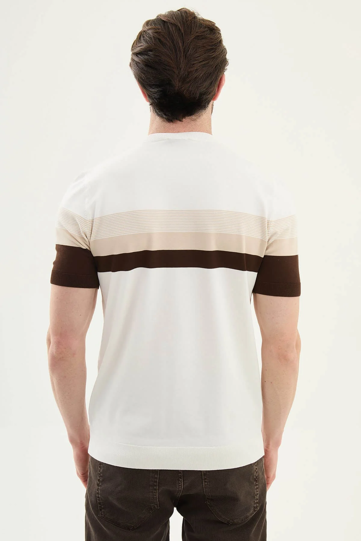 Men’s Ecru Slim Fit Striped Knit T-Shirt - Image 4