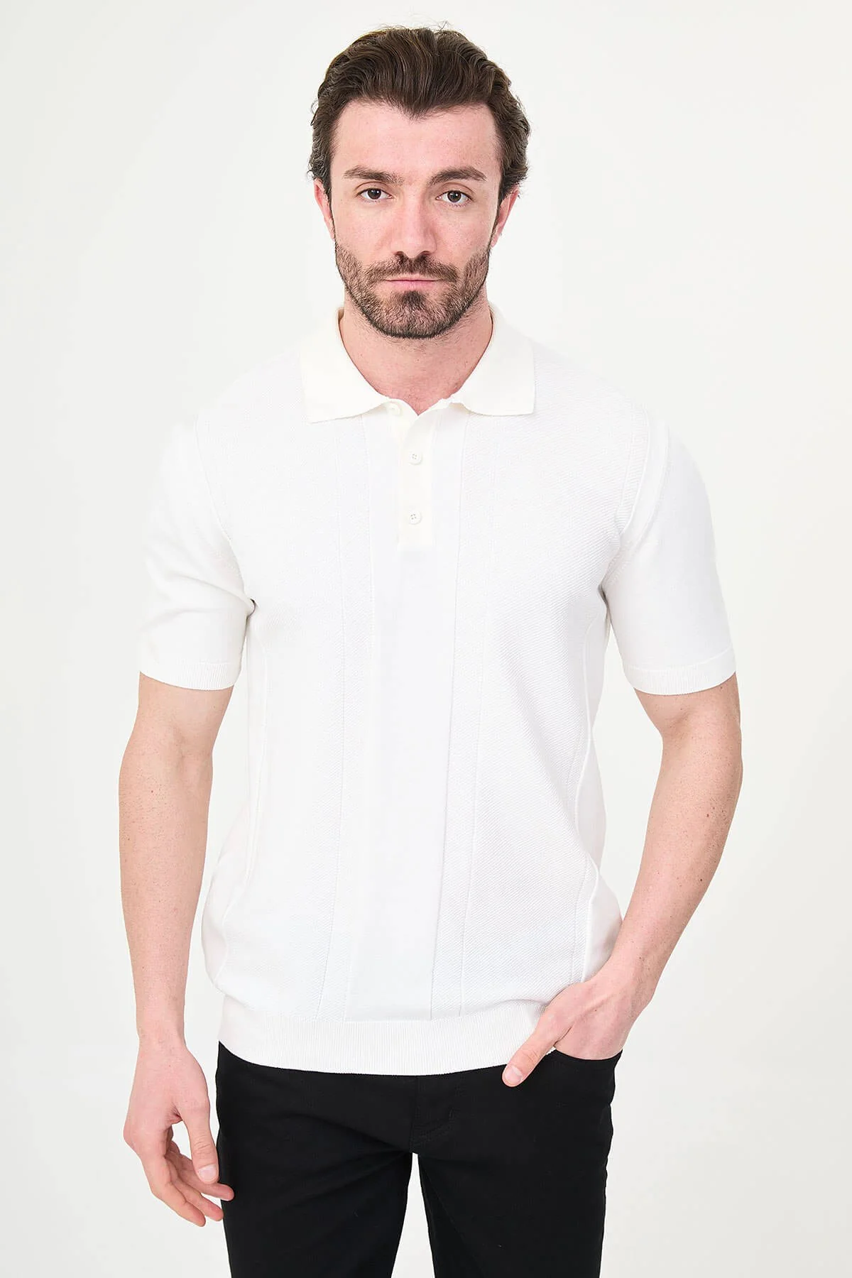 Men’s Ecru Slim Fit Textured Knit Polo T-Shirt