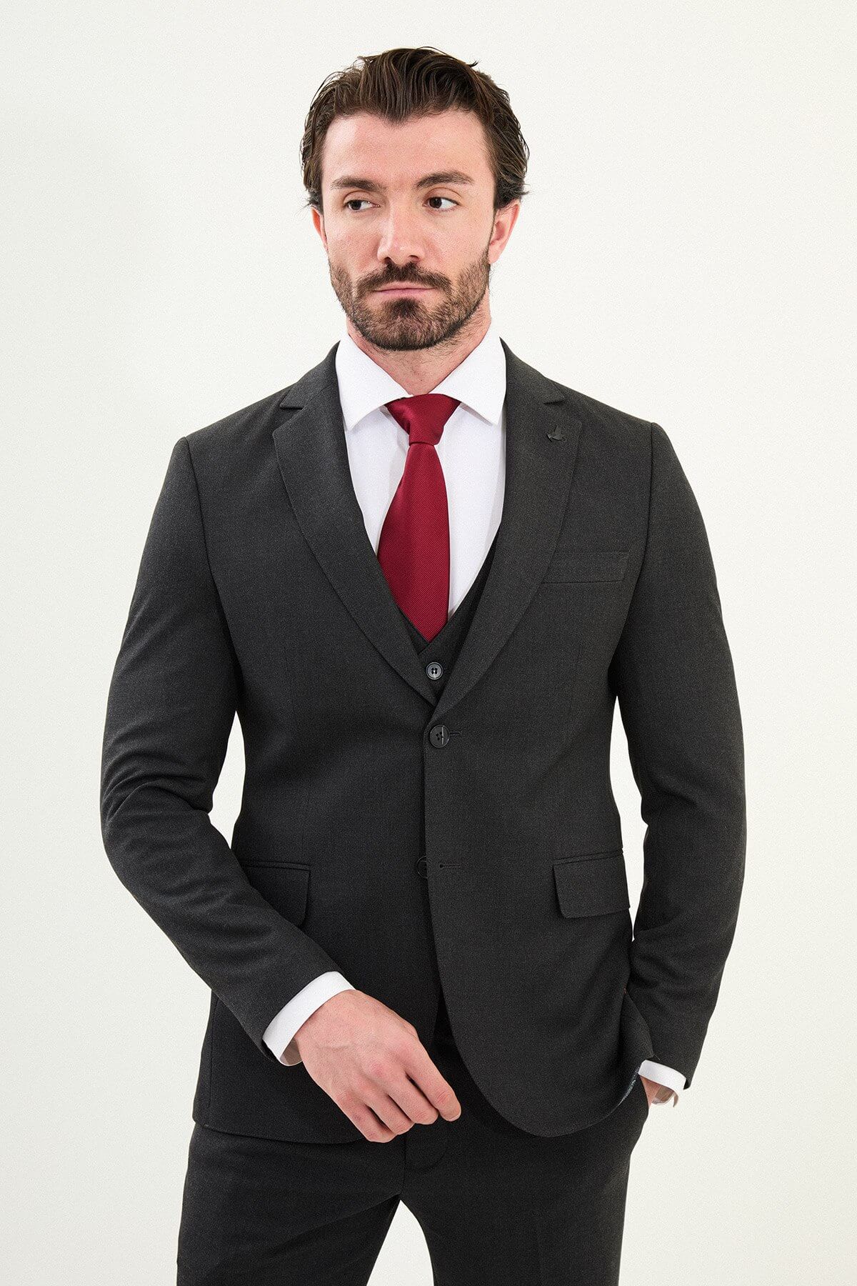 Men’s Formal Black Slim-Fit Three-Piece Wool-Blend Suit. - Image 2