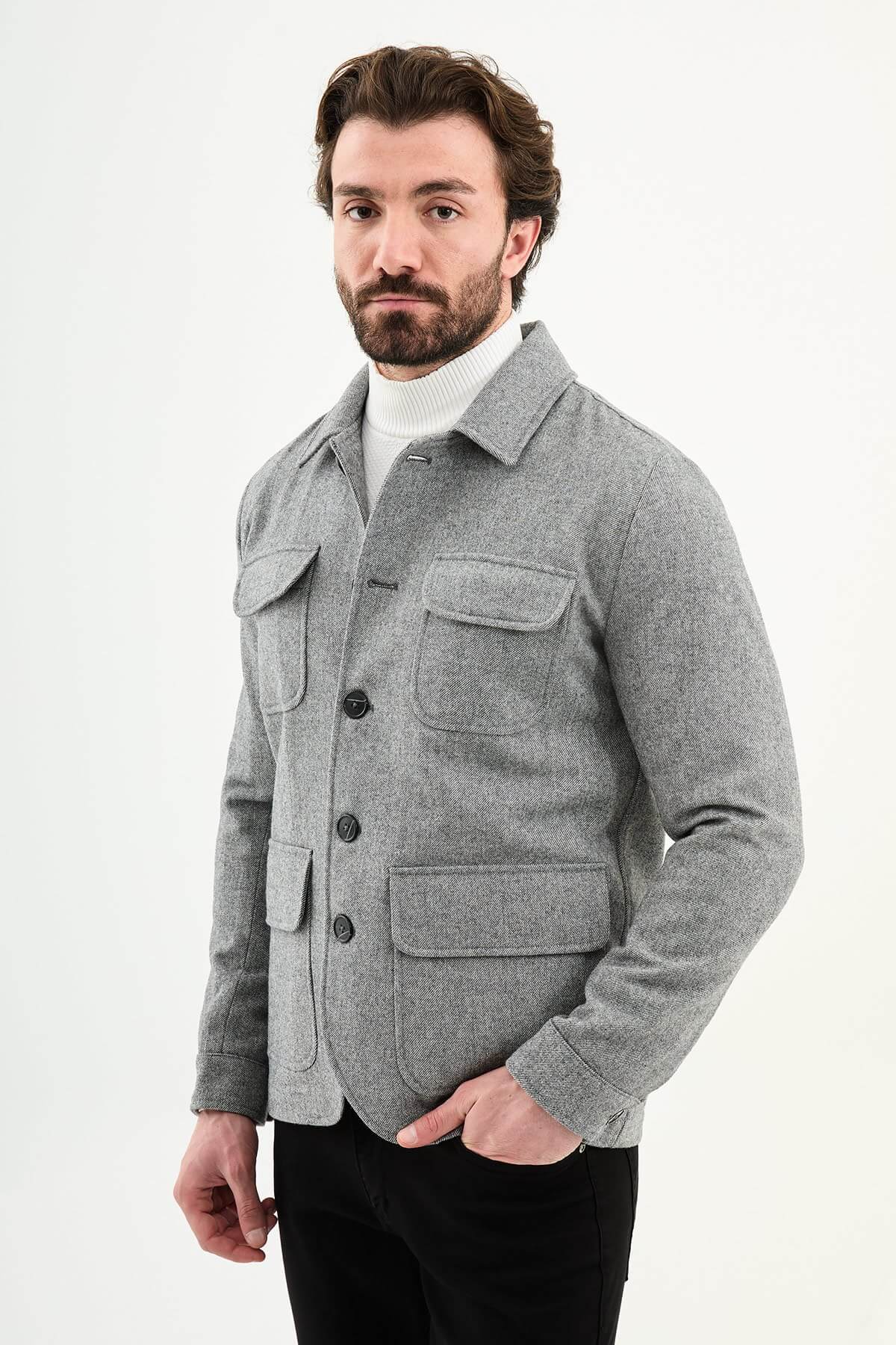 Men’s Gray Wool Blend Utility Jacket - Image 2