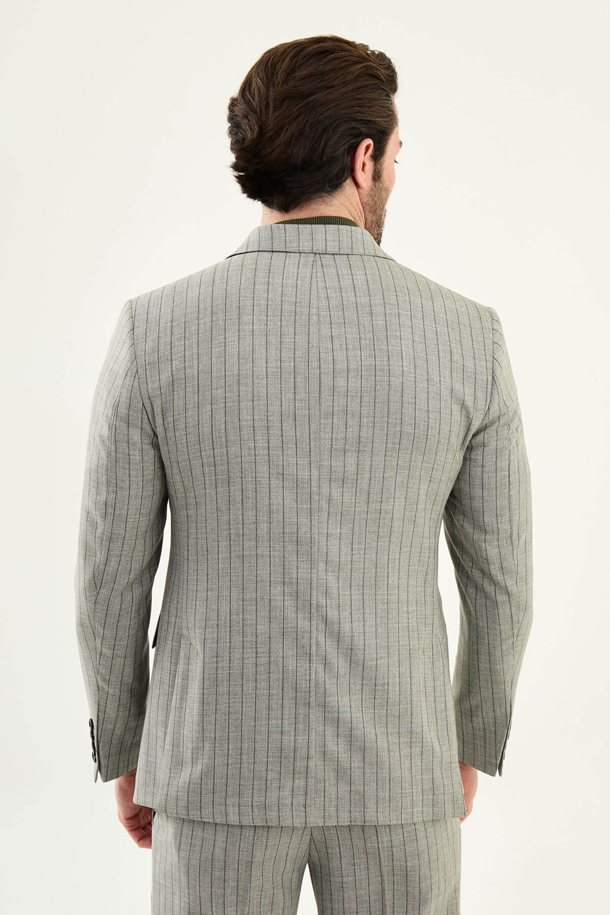 Men’s Khaki Double-Breasted Pinstripe Suit Jacket. - Image 6