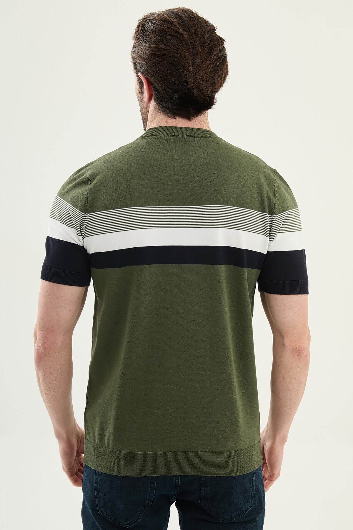 Men’s Khaki Slim Fit Striped Knit T-Shirt - Image 4
