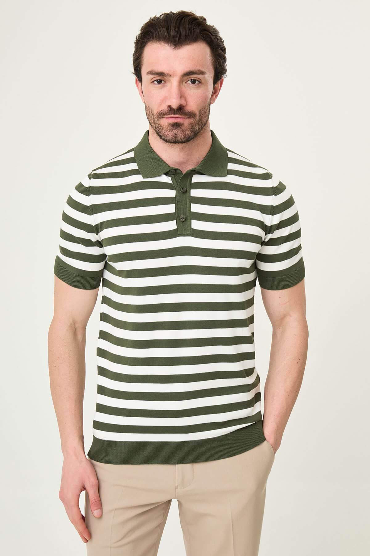 Men’s Khaki & White Striped Knit Polo Summer Shirt.