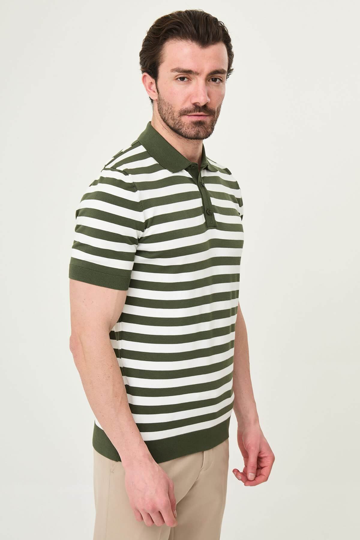 Men’s Khaki & White Striped Knit Polo Summer Shirt. - Image 2