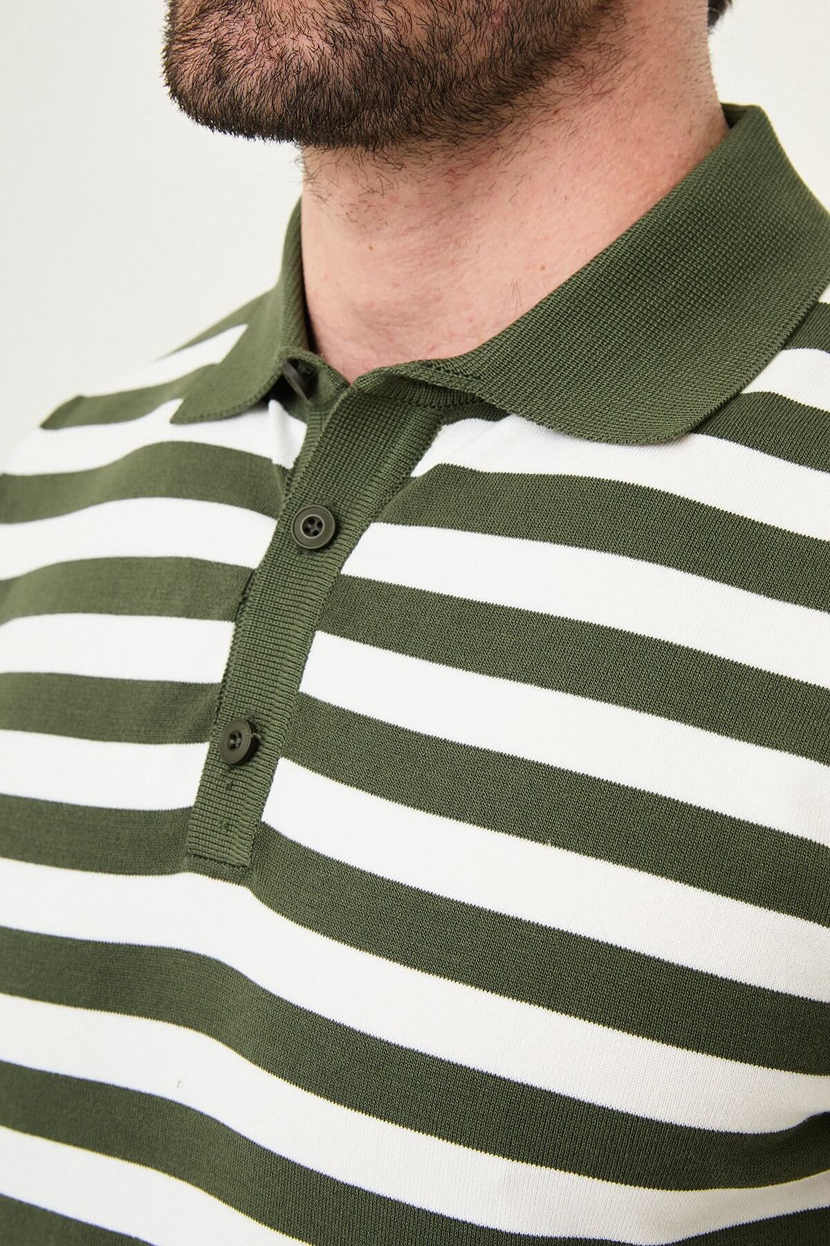 Men’s Khaki & White Striped Knit Polo Summer Shirt. - Image 3