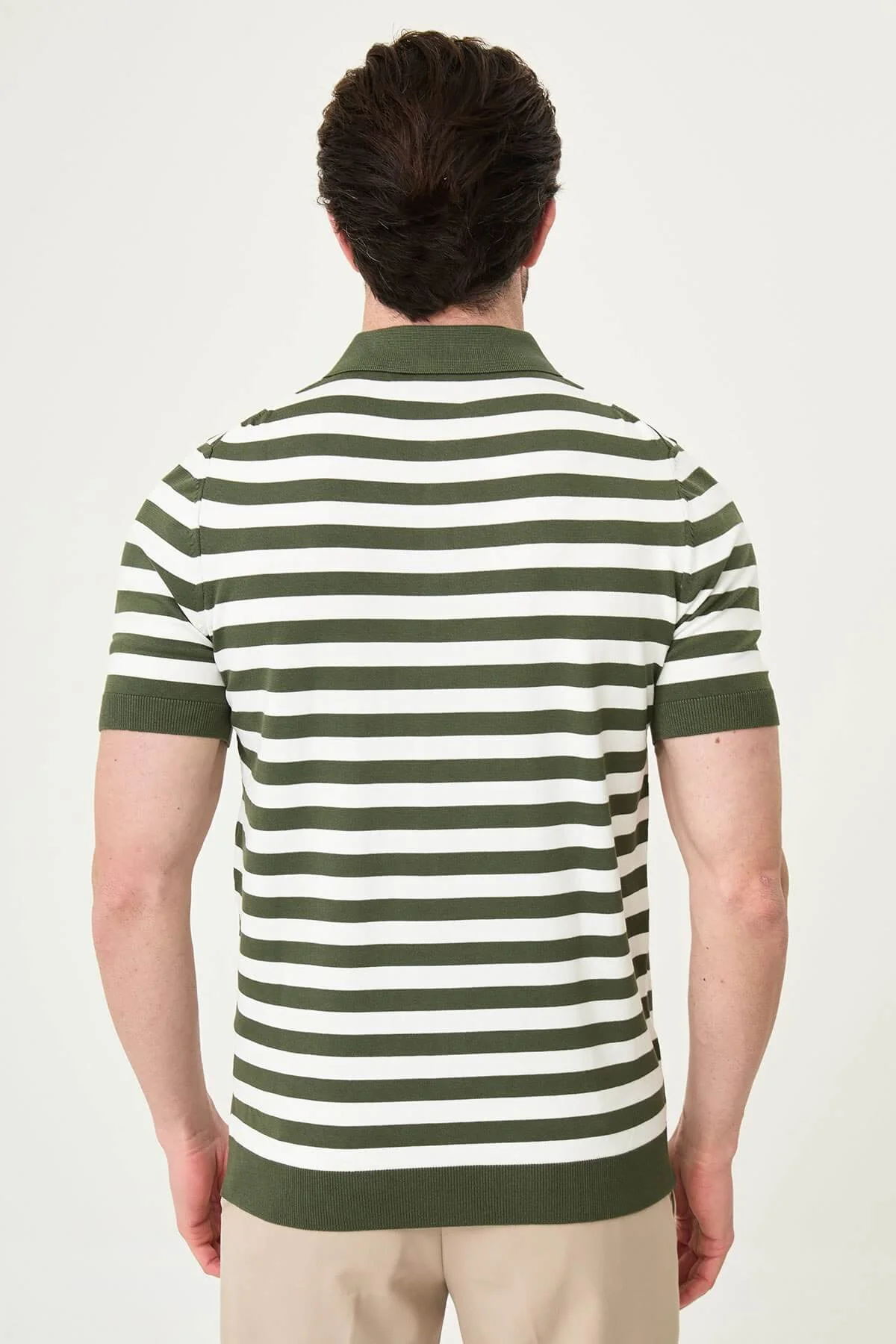 Men’s Khaki & White Striped Knit Polo Summer Shirt. - Image 4