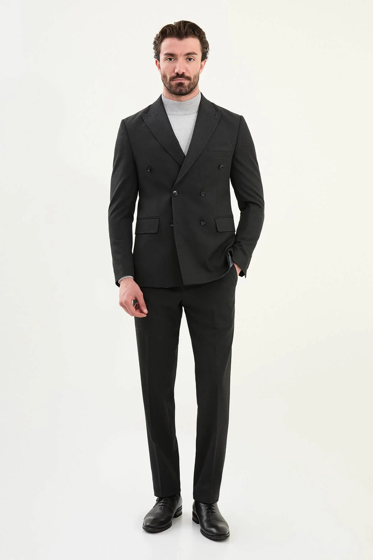 Men’s Matte Black Double-Breasted Wool-Blend Suit.