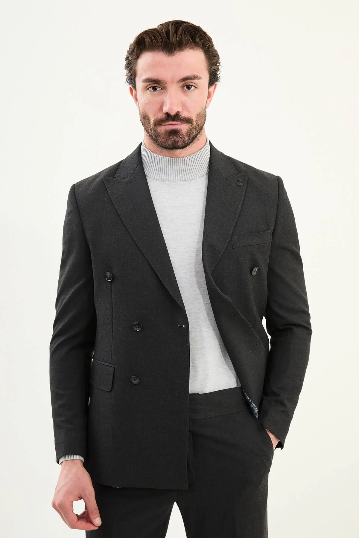 Men’s Matte Black Double-Breasted Wool-Blend Suit. - Image 2