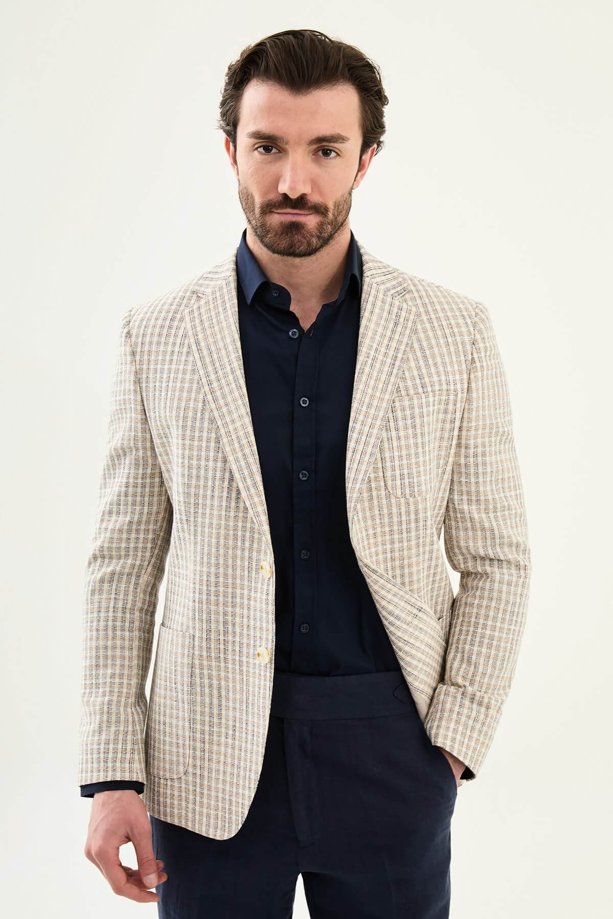 Men’s Navy Blue Cotton Linen Blazer - Image 3