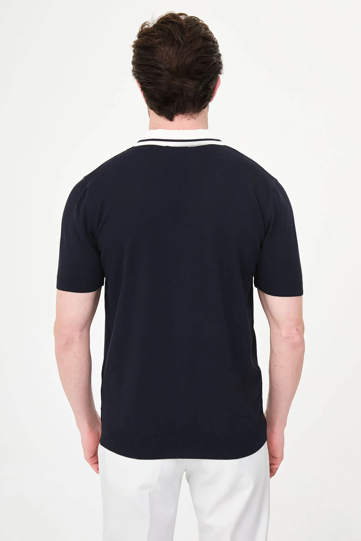 Men’s Navy Blue Short Sleeve Knit Polo Shirt - Image 4