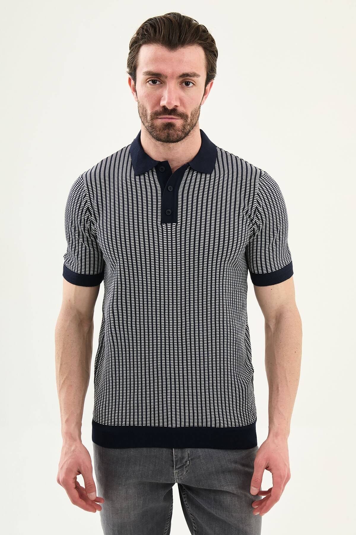 Men’s Navy Blue Slim Fit Patterned Knit Polo Shirt