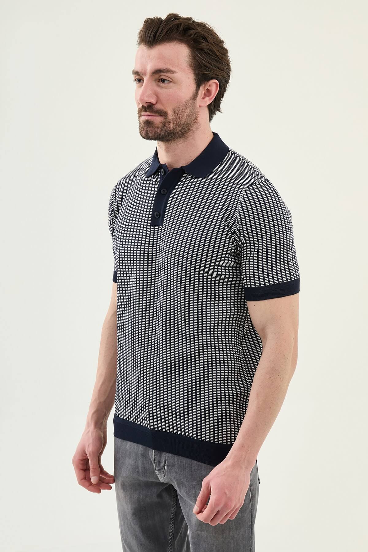 Men’s Navy Blue Slim Fit Patterned Knit Polo Shirt - Image 2