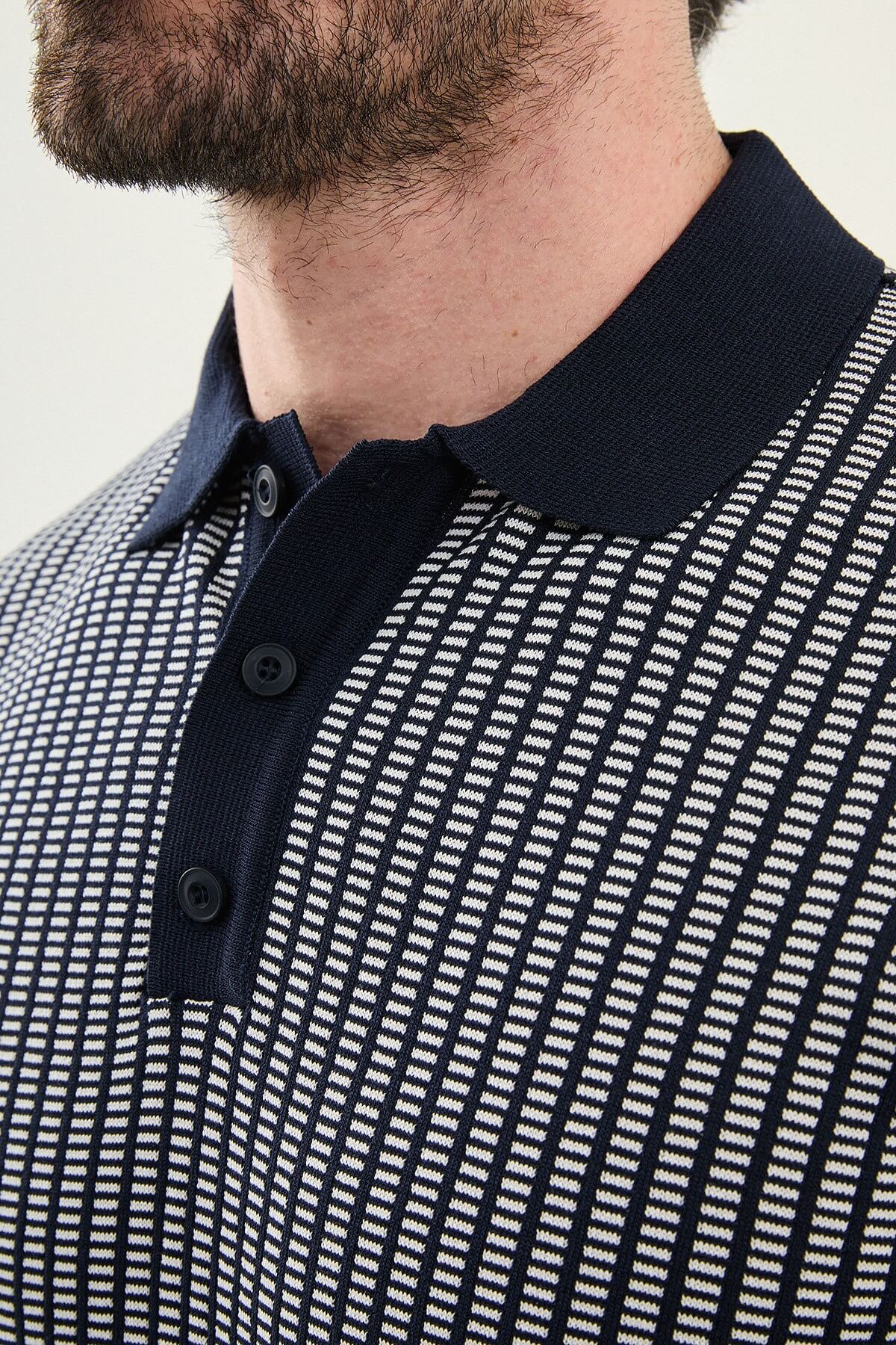 Men’s Navy Blue Slim Fit Patterned Knit Polo Shirt - Image 3