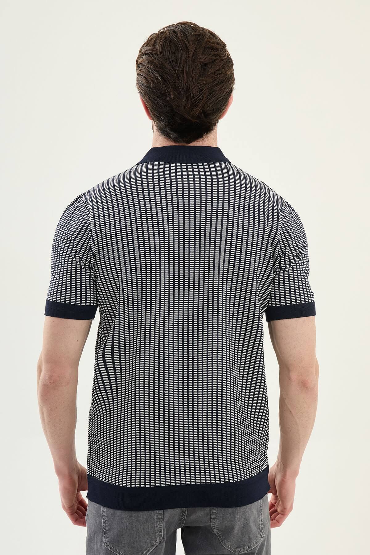 Men’s Navy Blue Slim Fit Patterned Knit Polo Shirt - Image 4