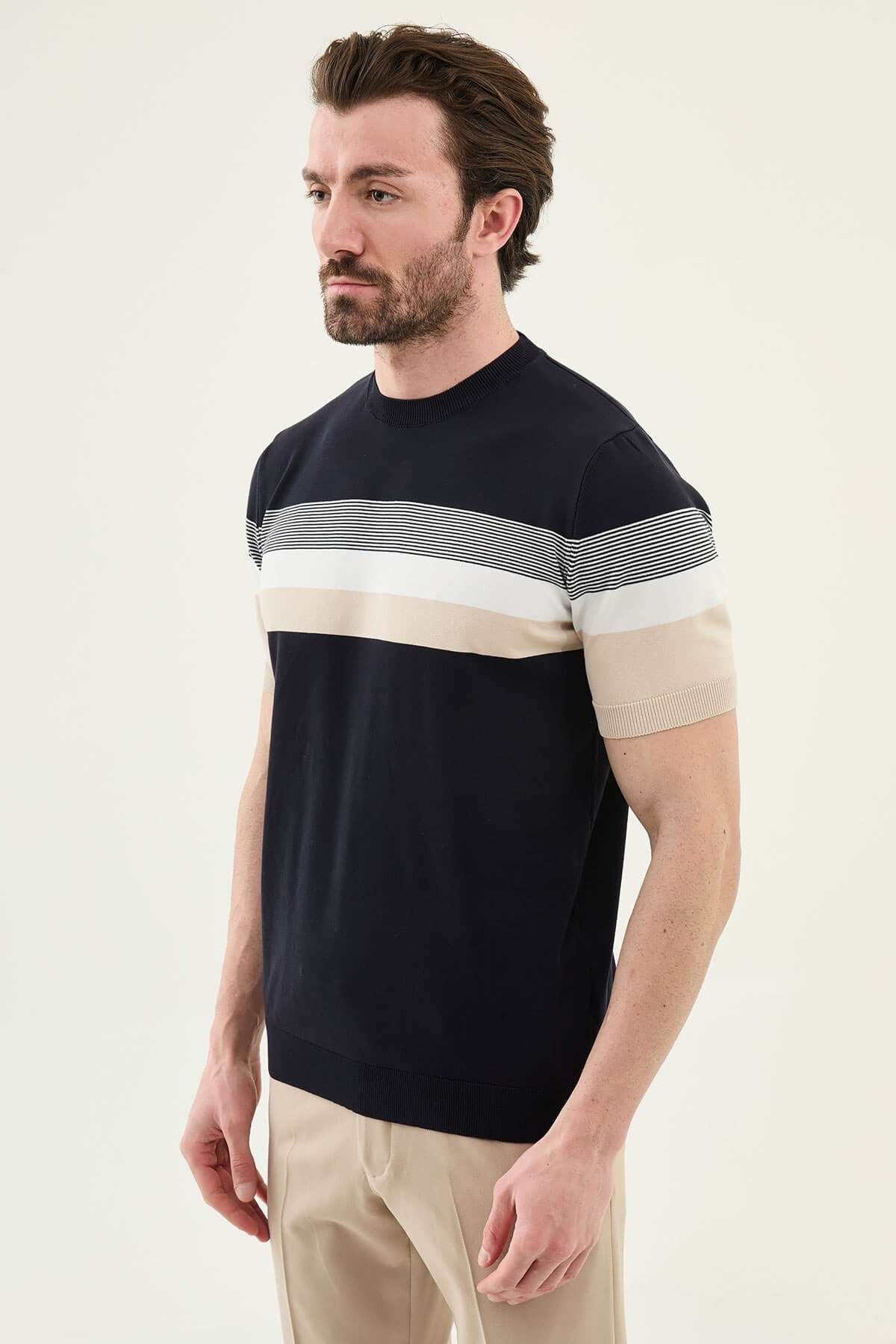 Men’s Navy Blue Slim Fit Striped Knit T-Shirt - Image 2
