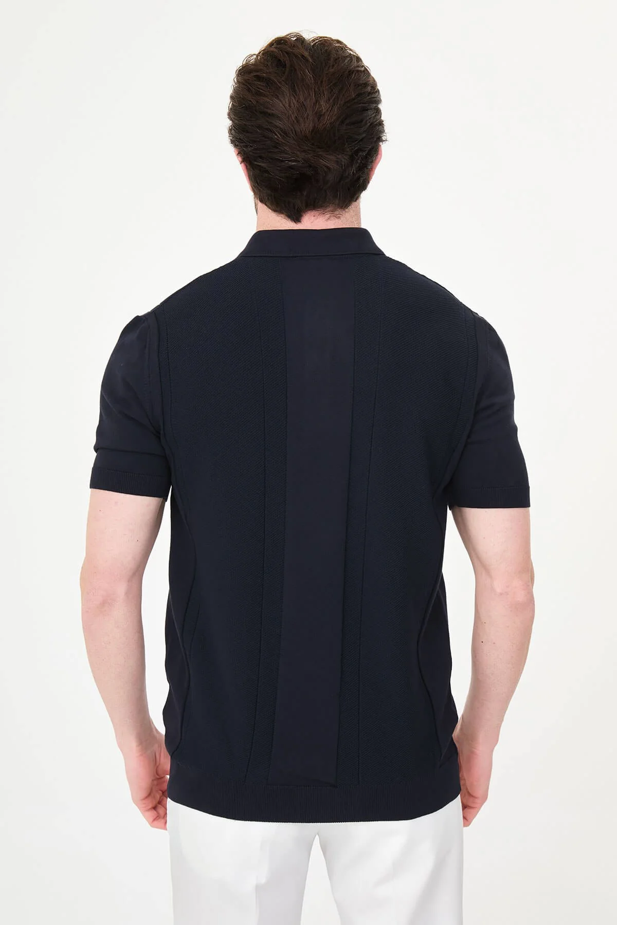 Men’s Navy Blue Slim Fit Textured Knit Polo T-Shirt - Image 4